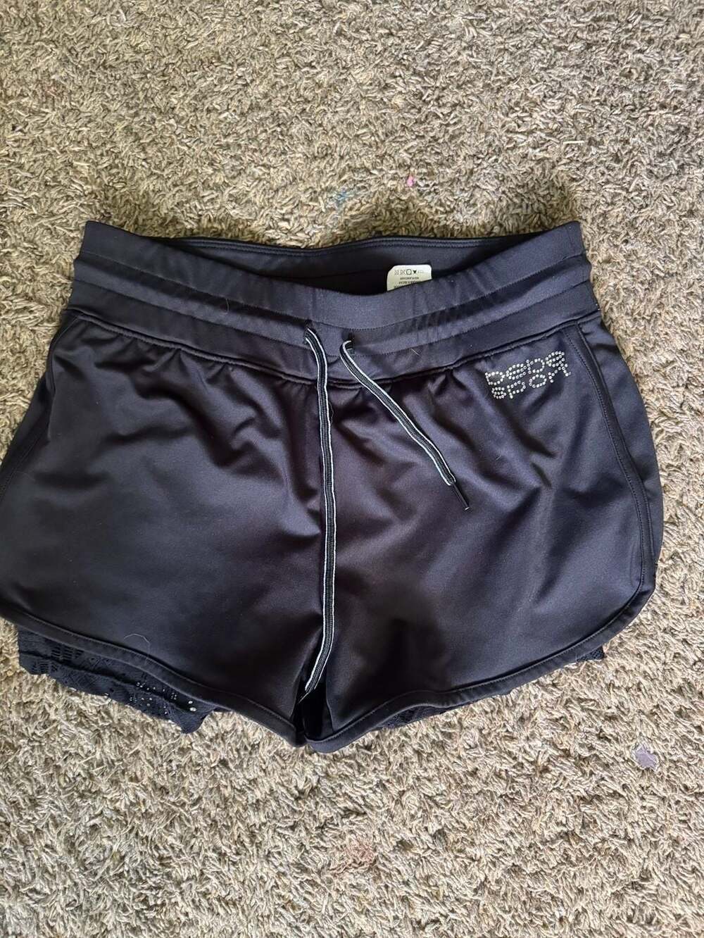 bebe Sport Black Rhinestone Active Athletic Shorts with Lace Underlayer Size S